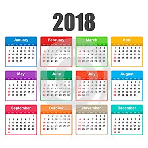 Calendar 2018 year in simple style. Calendar planner design temp