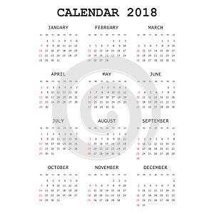 Calendar 2018 year in simple style. Calendar planner design temp