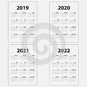 Calendar 2019,2020,2021 & 2022 template.Calendar design.Yearly calendar vector design stationery template.Vector illustration