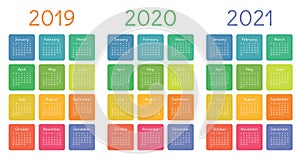 Calendar 2019, 2020 and 2021 set. Week starts on Sunday. Basic grid