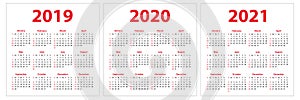 Calendar 2019, 2020, 2021 years. Colorful set. Week starts on Sunday. Basic grid