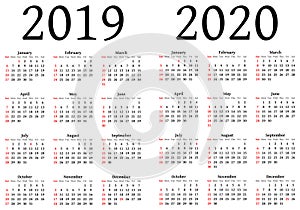 Calendar for 2019 and 2020