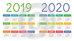 Calendar 2019, 2020 years. Colorful calender set. Week starts