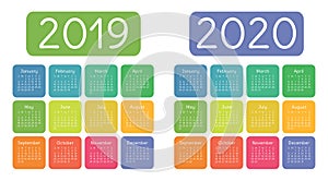 Calendar 2019, 2020 years. Colorful calender set. Week starts on