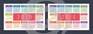 Calendar 2019, calender 2020. Colorful set. Week starts on Sunday. Basic grid