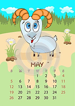 Calendar for 2019 with cartoon funny animals, hand drawing, vector illustration. Colorful, bright design of a wall-mounted rocker