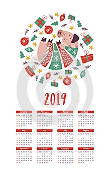 Calendar 2019. Cute animals in knitted sweaters.