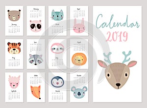 Calendar 2019. Cute monthly calendar with animals. Hand drawn characters.