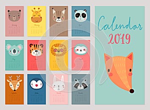 Calendar 2019. Cute monthly calendar with animals. Hand drawn characters