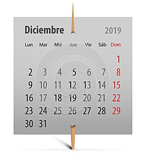 Calendar 2019 for December in Spanish
