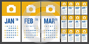 Calendar 2019. English calender template. Vector grid. Office bu