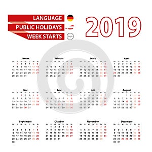 Calendar 2019 in Germany language with public holidays the count
