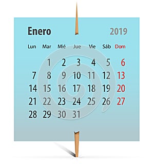 Calendar 2019 for January in Spanish
