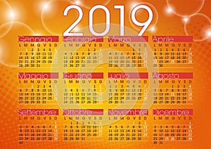 Calendar 2019 orange abstract background with sparkling lights