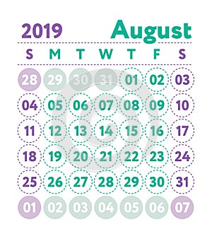 Calendar 2019. Vector English calender. August month. Week start