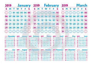 Calendar 2019. Vector English calender. January, February, March