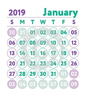 Calendar 2019. Vector English calender. January month. Week star