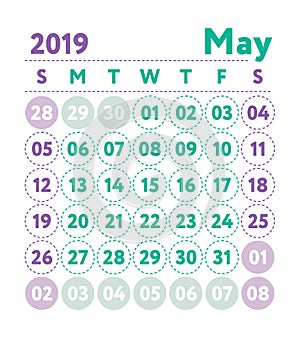 Calendar 2019. Vector English calender. May month. Week starts o