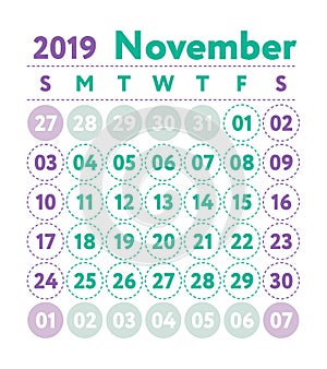 Calendar 2019. Vector English calender. November month. Week sta