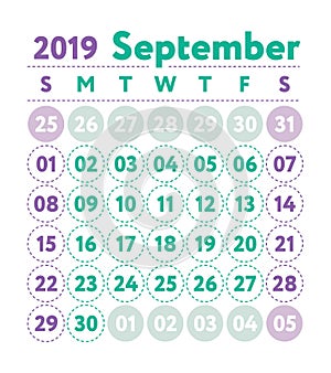 Calendar 2019. Vector English calender. September month. Week st