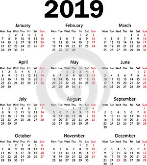 Calendar 2019. Vector Illustration