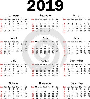 Calendar 2019.Vector Illustration