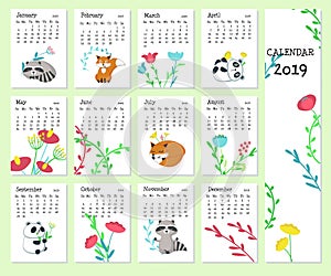 Calendar 2019 vector template with cute animals