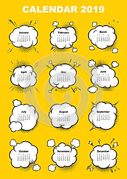 Calendar for 2019 year. Boom comic book explosion, speech bubble vector illustration. Week starts on sunday.