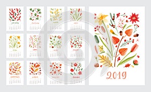 Calendar for 2019 year. Set of page templates with months decorated with beautiful flowers and seasonal plants on white