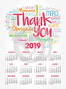 Calendar for 2019 year, Thank You word cloud