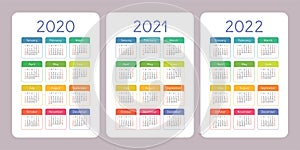 Calendar 2020, 2021, 2022 years. Vertical vector calender design template. Colorful set. Week starts on Sunday