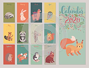 Calendar 2020 with Animals . Cute forest characters