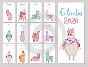 Calendar 2020 with Cute Llamas. Colorful alpacas