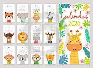 Calendar 2020. Cute monthly calendar with jungle animals. Hand drawn rainforest characters