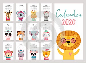 Calendar 2020. Cute monthly calendar with woodland animals. Hand drawn forest characters