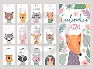 Calendar 2020. Cute monthly calendar with woodland animals. Hand drawn forest characters