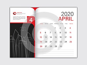 Calendar 2020 design Vector, Desk Calendar 2020 template, APRIL, red concept, Week Start On Sunday, Planner, Stationery