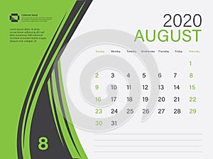Calendar 2020 design Vector, Desk Calendar 2020 template, AUGUST, Green concept, Week Start On Sunday, Planner, Stationery