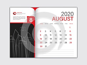 Calendar 2020 design Vector, Desk Calendar 2020 template, AUGUST, red concept, Week Start On Sunday, Planner, Stationery