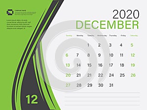 Calendar 2020 design Vector, Desk Calendar 2020 template, DECEMBER, Green concept, Week Start On Sunday, Planner, Stationery