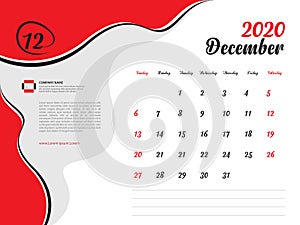 Calendar 2020 design Vector, Desk Calendar 2020 template, December, Week Start On Sunday, Planner, Stationery, Printing