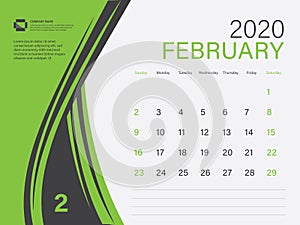 Calendar 2020 design Vector, Desk Calendar 2020 template, FEBRUARY, Green concept, Week Start On Sunday