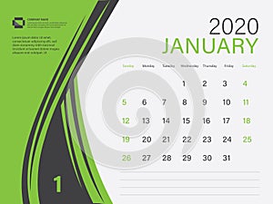 Calendar 2020 design Vector, Desk Calendar 2020 template, January, Green concept, Week Start On Sunday, Planner, Stationery