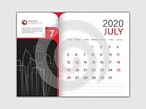 Calendar 2020 design Vector, Desk Calendar 2020 template, JULY, red concept, Week Start On Sunday, Planner, Stationery