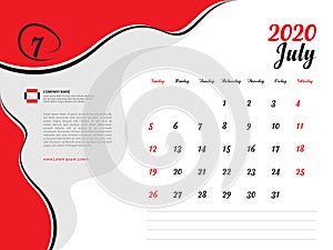 Calendar 2020 design Vector, Desk Calendar 2020 template, July, Week Start On Sunday, Planner, Stationery, Printing