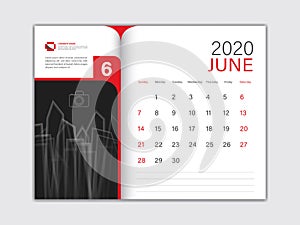 Calendar 2020 design Vector, Desk Calendar 2020 template, JUNE, red concept, Week Start On Sunday, Planner, Stationery