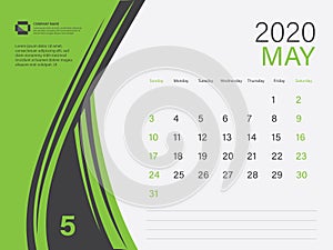 Calendar 2020 design Vector, Desk Calendar 2020 template, MAY, Green concept, Week Start On Sunday, Planner, Stationery