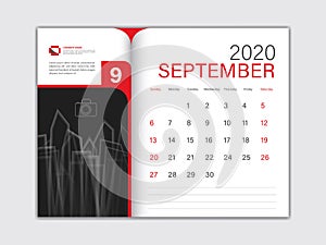 Calendar 2020 design Vector, Desk Calendar 2020 template, SEPTEMBER, red concept, Week Start On Sunday, Planner, Stationery