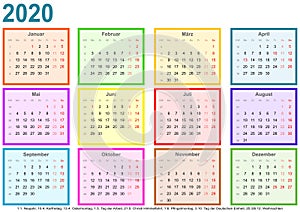 Calendar 2020 each month different colored square GER