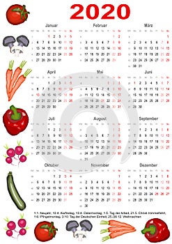 Calendar 2020  for GER with various vegetables